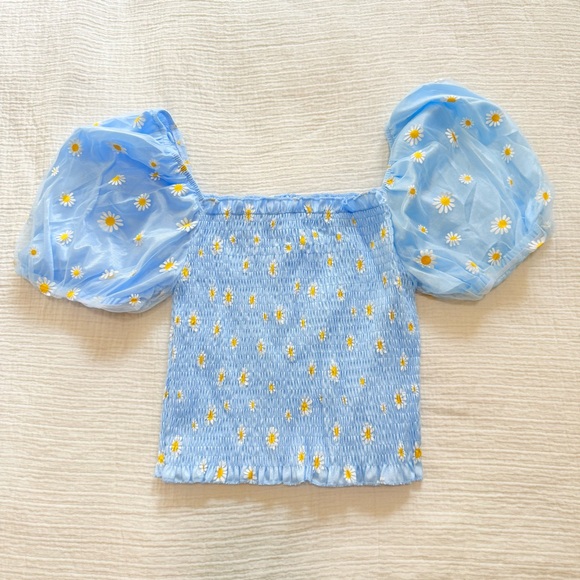 #021 | Smocked Puff Sleeve Top | Blue Daisy | XS/S | On/Off Shoulder - Picture 5 of 9
